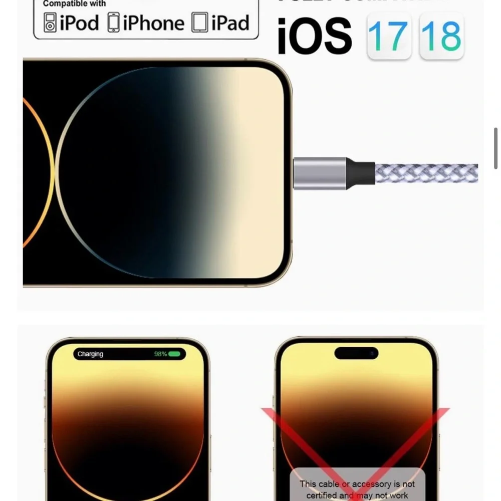 TAKAGI 6ft Silver Braided Lightning Cable 1-Pack, iPhone Charger
